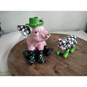 Pair Of Ceramic Pink Sitting Pig 9" Baby Pig 4" Black And White Check Green Hat